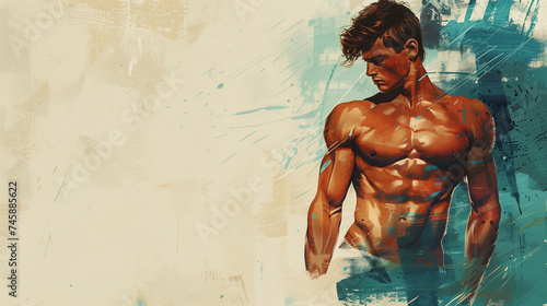 Muscular male physics, body builder background, space for writing messages, greeting card, desktop wallpaper 