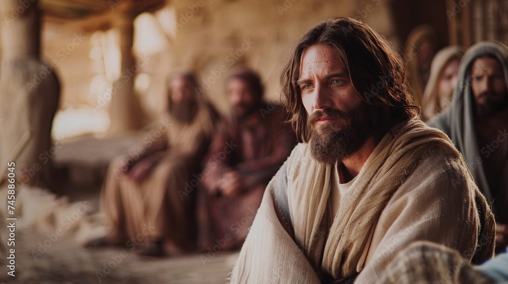 Jesus addresses his followers with love and compassion, his teachings delivered with clarity and conviction, inspiring faith and devotion in those who have chosen to follow him.