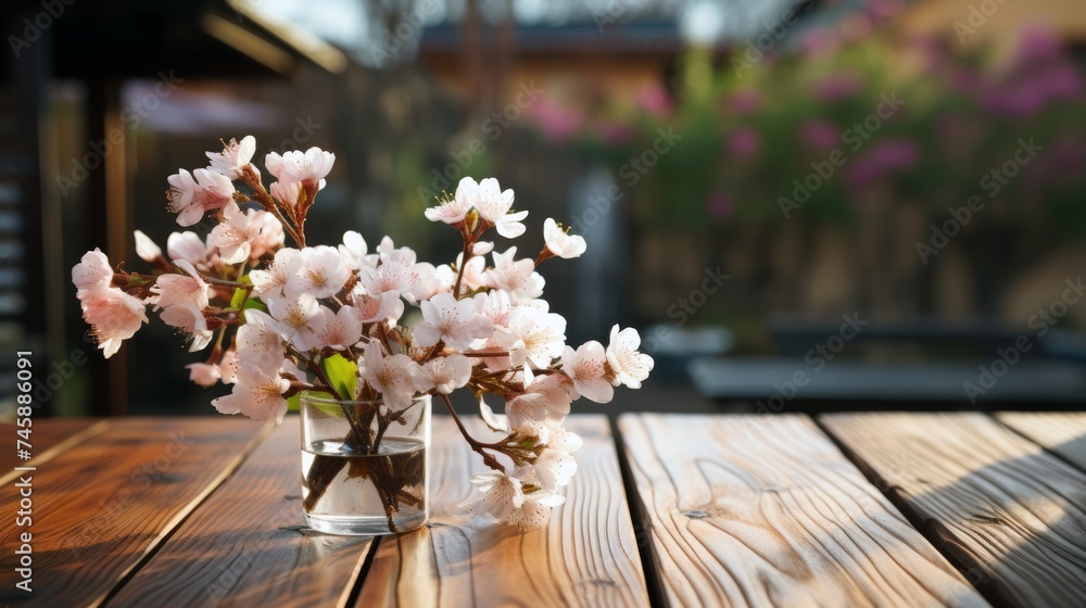 Almond blossoms in a vase on wooden table, copy space.