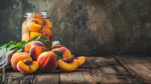 Canned peaches. Jar with canned peaches and fresh.
