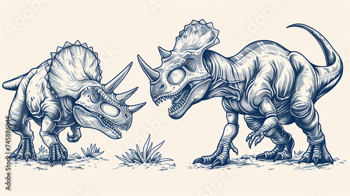 Dinosaurs like T-rex, Triceratops, and Stegosaurus illustrated in a realistic and detailed line art style. © Naveed