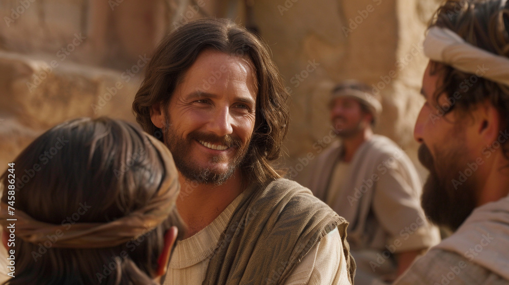 With a gentle smile, Jesus engages in conversation with his disciples, his words infused with divine wisdom and grace, offering guidance and solace to all who seek his counsel and