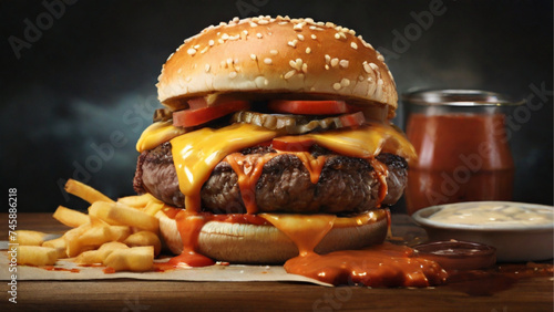 Hamburger with extra sauce and extra chese and big meat. Generative AI.