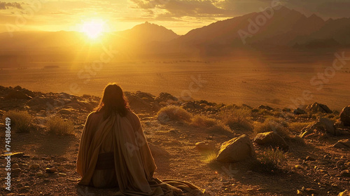 In the solitude of the desert, Jesus kneels in prayer, his soul pouring out in communion with God, the vast expanse of the wilderness bearing witness to the sacred exchange between