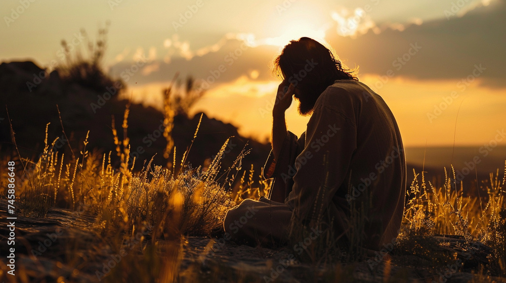 In the solitude of the wilderness, Jesus seeks refuge in prayer, his soul communing with God amidst the rugged terrain, finding strength and renewal in the divine presence that sur