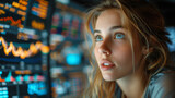 Trading and financial concept. a young beautiful woman looking at the monitor with stock market data. 