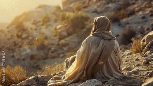 In the solitude of the wilderness, Jesus seeks refuge in prayer, his soul communing with God amidst the rugged terrain, finding strength and renewal in the divine presence that sur