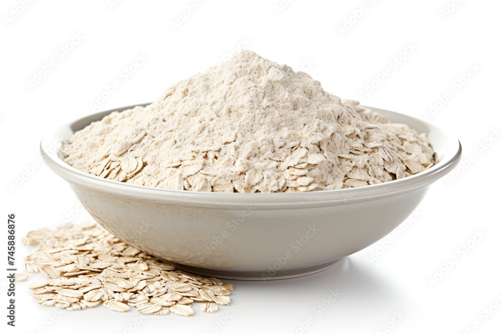 Pile of steel cut oats, a nutritious and wholesome breakfast staple, oatmeal, rich in fiber and beneficial nutrients, isolated on a white background Pile of steel cut oats, a nutritious and wholesome breakfast staple, oatmeal, rich in fiber and beneficial nutrients, isolated on a white background