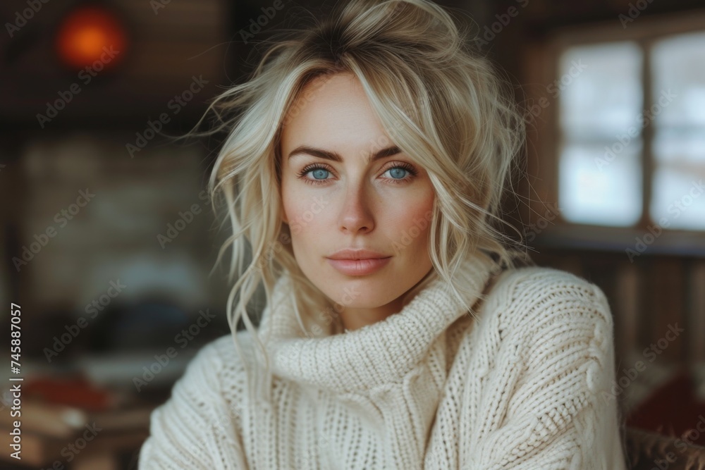 Obraz premium portrait of a middle-aged blonde woman in a white sweater in her Scandinavian-style home decor 