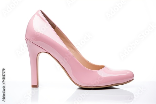 Pink patent high-heeled shoe, a stylish and fashionable women's footwear accessory, isolated on a white background