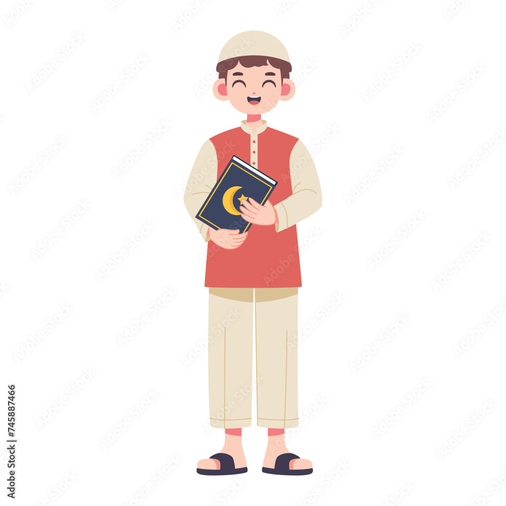 Vector Muslim Boy Holding Quran book Cartoon Illustration Isolated