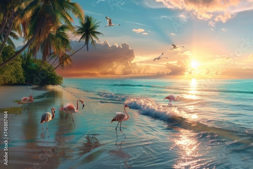 Idyllic view of flamingos on a beach at sunset with palm trees and sea