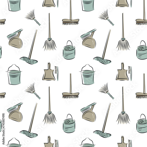 Vector retro hand drawn seamless pattern background of cleaning equipment, mop, bucket, broom, dustpan and brush, duster. Spring clean chores elements in vintage line art sketch style all over print.
