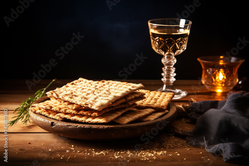 Matzah, the Jewish holiday bread, delicately arranged on a rustic wooden table alongside a luxurious glass of wine