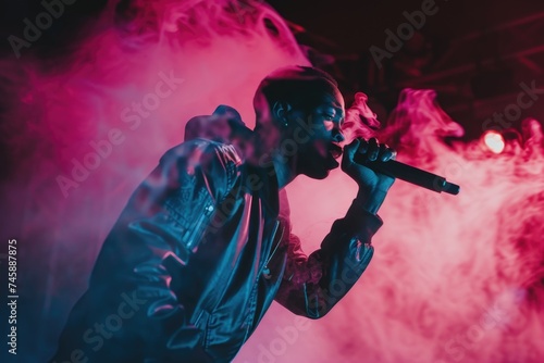 Energetic young black male artist performing passionately on stage amidst vibrant lights and smoke