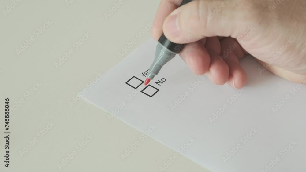 Man hand putting mark on no in checkbox on paper blank, close-up, slow motion
Man hand putting mark on no in checkbox on paper blank, close-up, slow motion