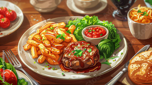 Food in a restaurant. AI generated art illustration. 