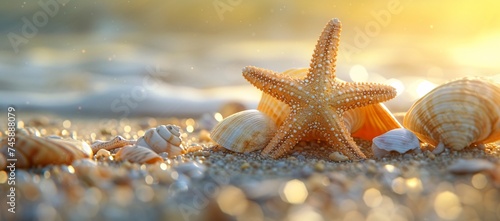 A beautifully warm sunset light sparkles on the surface of a starfish and seashells scattered on a sandy beach exuding a peaceful ambiance