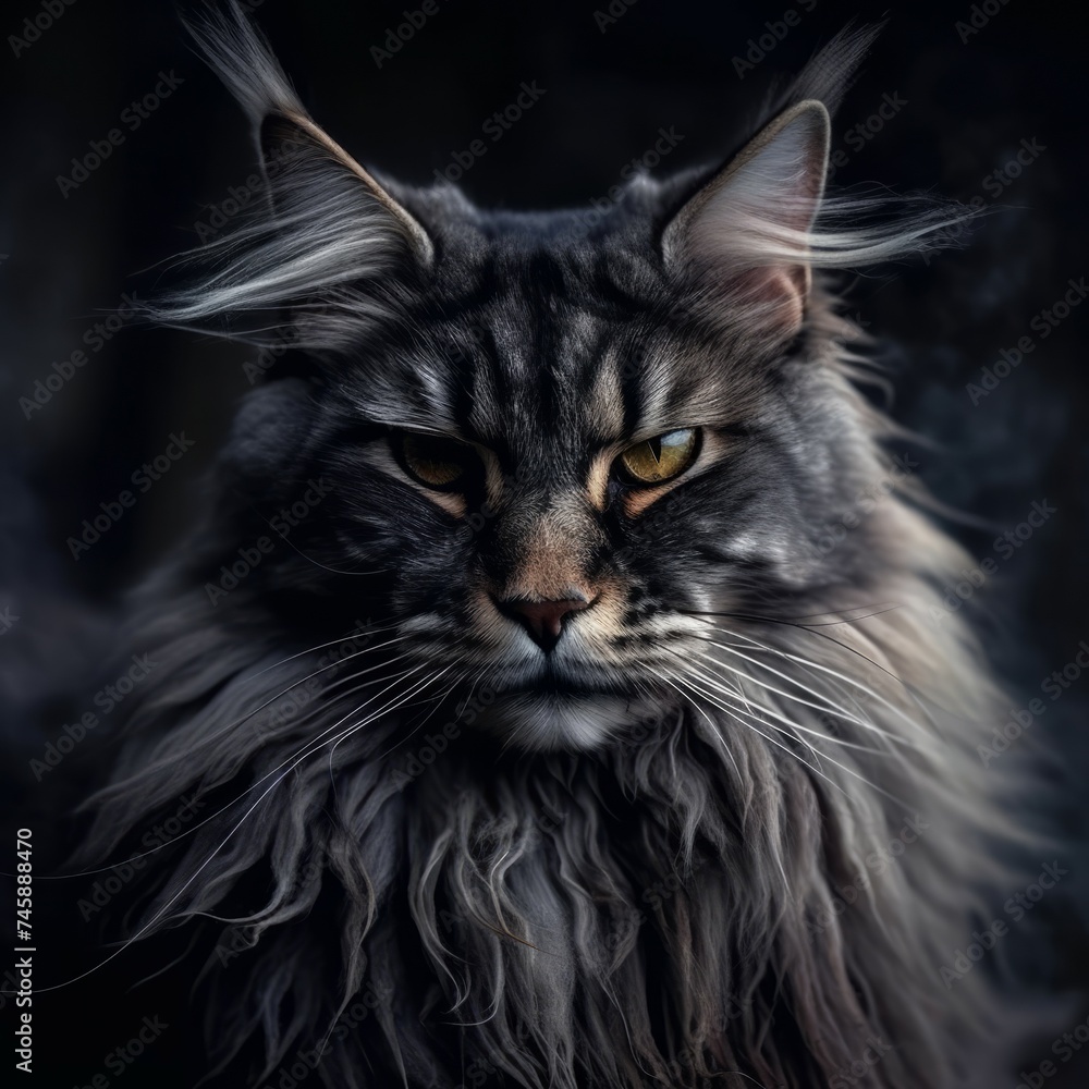 Portrait of a beautiful big Maine Coon cat on a black background looking at the camera. Closeup face of an angry Maine Coon cat looking forward. Portrait of long-haired tabby Maine Coon with gray fur.