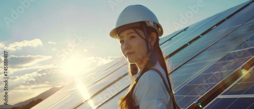 A determined engineer gazes into the sunset horizon, with solar panels characterizing renewable energy. photo