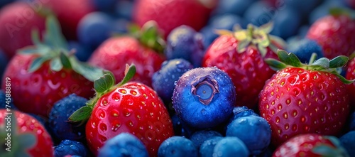 Close-up of assorted berries like strawberries and blueberries with vivid colors and detail