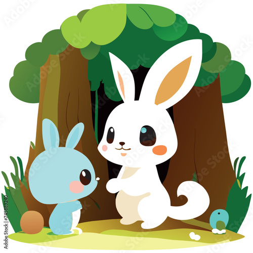 color photo of a heartwarming scene in the forest, where a playful little squirrel and a fluffy white rabbit come together in front of a single apple the forest is a serene sanctuary