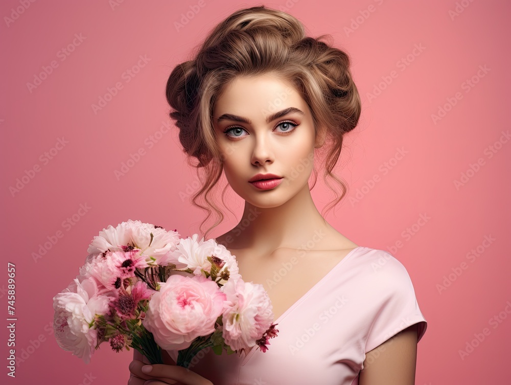 Young girl on pink background with bouquet of flowers, bride, bridesmaid Young girl on pink background with bouquet of flowers, bride, bridesmaid