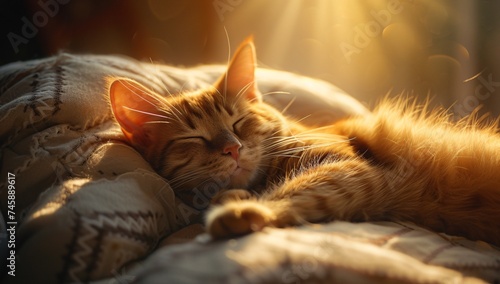 An adorable ginger cat sleeps contently on a cozy blanket, basking in the warm, golden sunlight filtering in