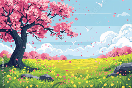 Illustration of a pink cherry blossom tree in a vibrant spring meadow