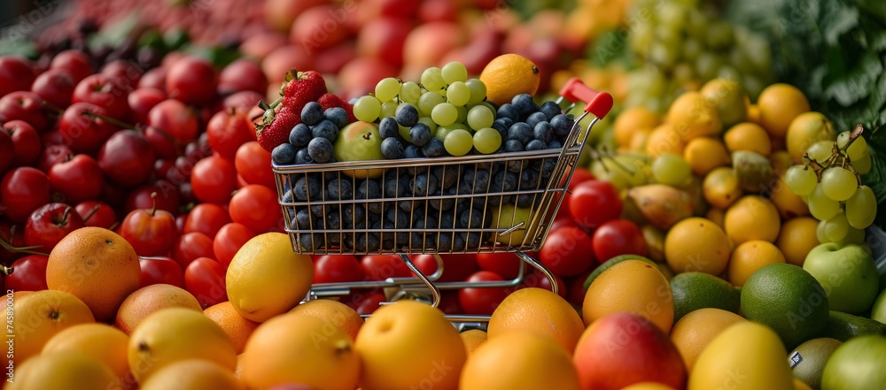 A colorful variety of fresh fruits fills a shopping cart, symbolizing abundance and healthy lifestyle choices