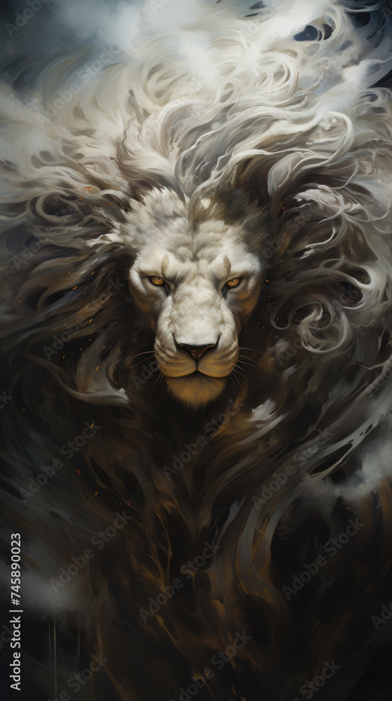 Albino lion emerging from fog or smoke. Albino lion emerging from fog or smoke.