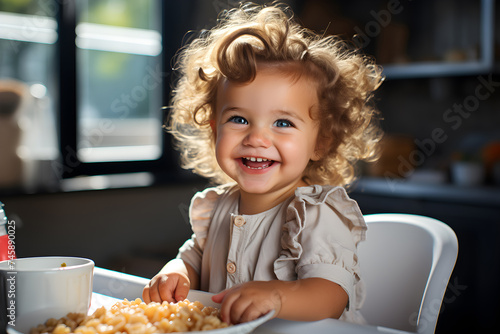 Grimy child eats with hands sitting on table at home. little smiling girl sits in baby-chair and have a breakfast. baby with big eyes and red curly hair eats at a table. Summer vacation concept