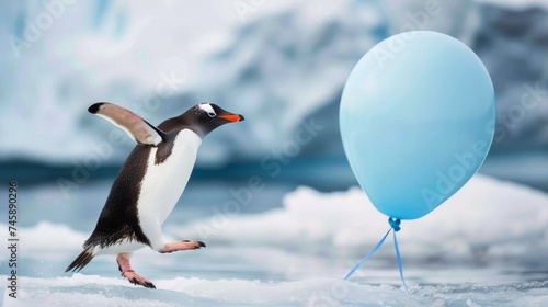 Penguin sliding on balloon ice