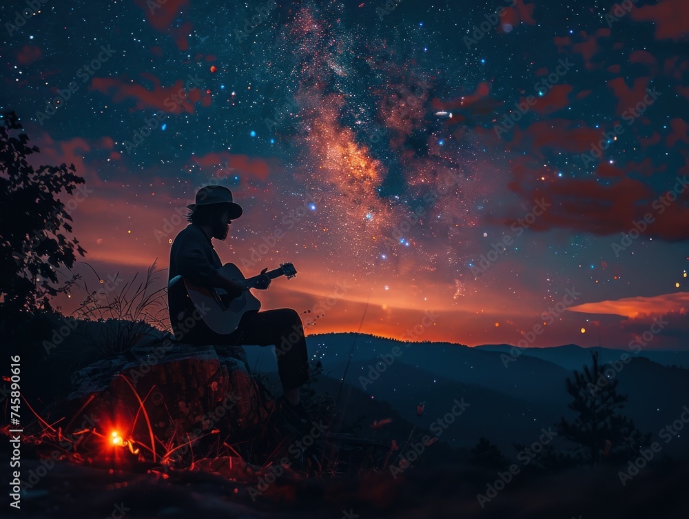 Guitar Under Canopy of Stars. Embark on a Mesmerizing Journey Through the Night Sky, Where the Celestial Tapestry Unfolds Above