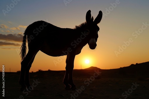 donkey silhouette against sunset in desert landscape 
