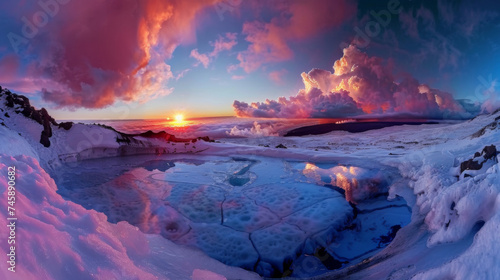 A beautiful sunset displaying water in the ice pond next to a volcanic field and dark clouds.