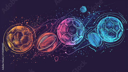 Sports balls like soccer balls, basketballs, and footballs illustrated in a dynamic and energetic line art design.