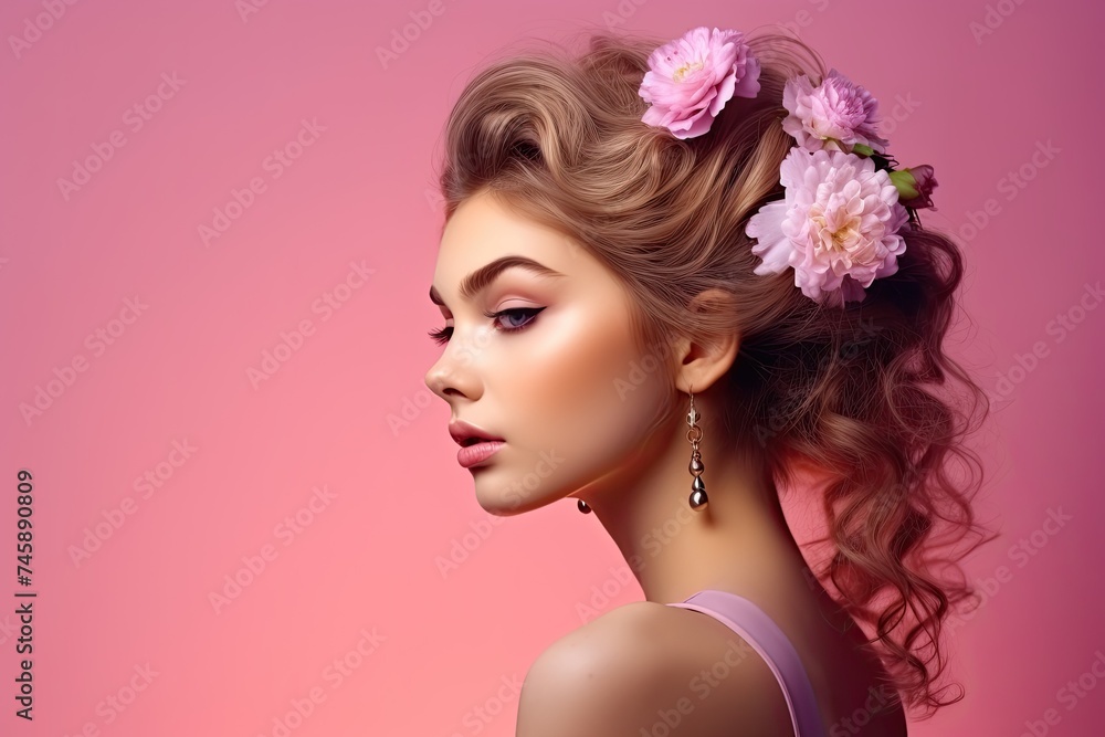 Check, hair styling of beautiful young woman on pink background with flowers.