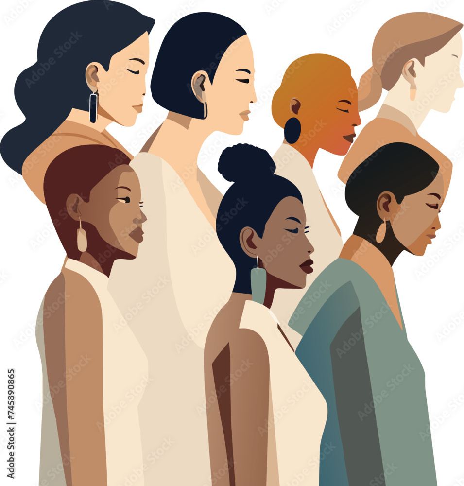 Unity in Diversity: A Serene Illustration of Seven Women of Different Ethnicities