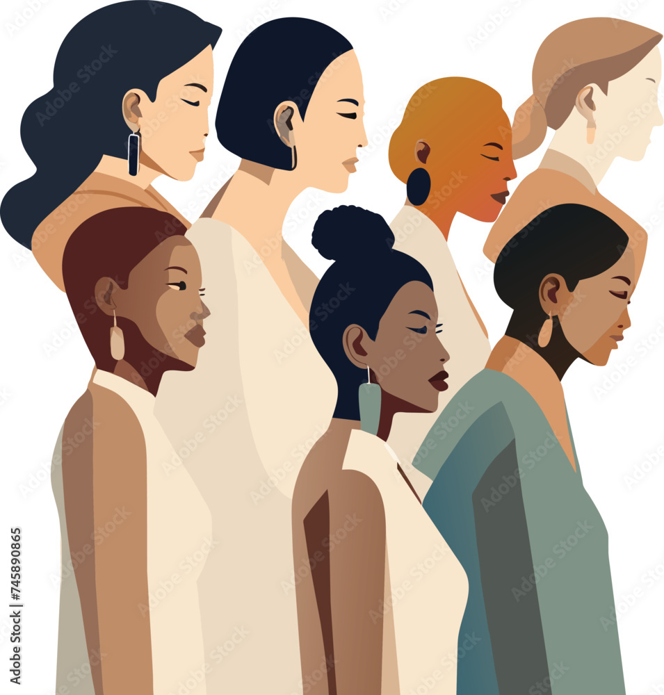 Unity in Diversity: A Serene Illustration of Seven Women of Different Ethnicities Unity in Diversity: A Serene Illustration of Seven Women of Different Ethnicities