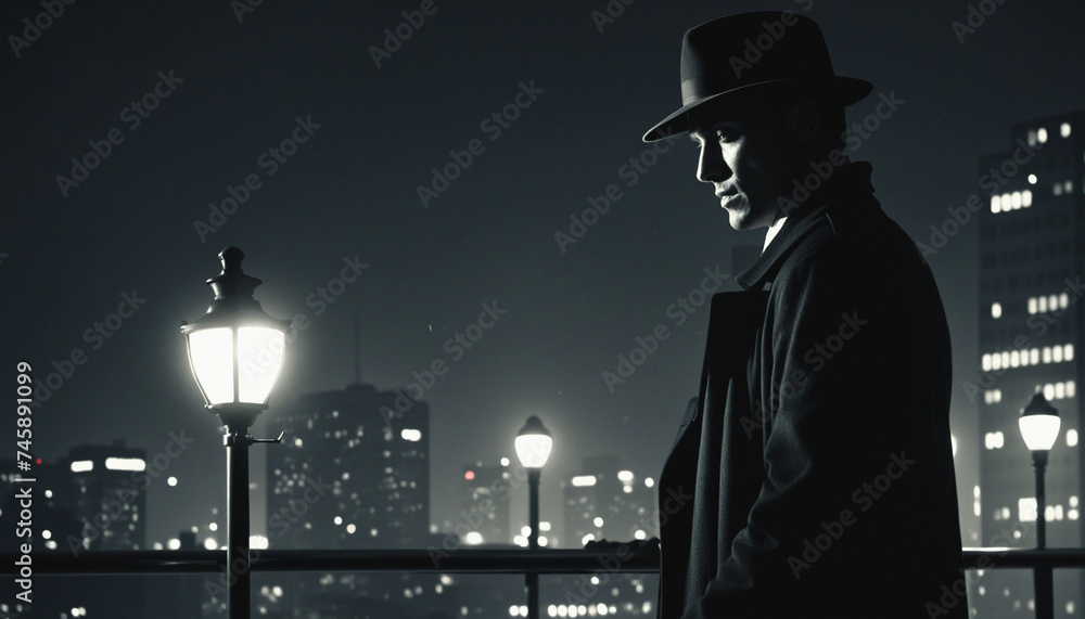 Noir style silhouette of a man against a city background.