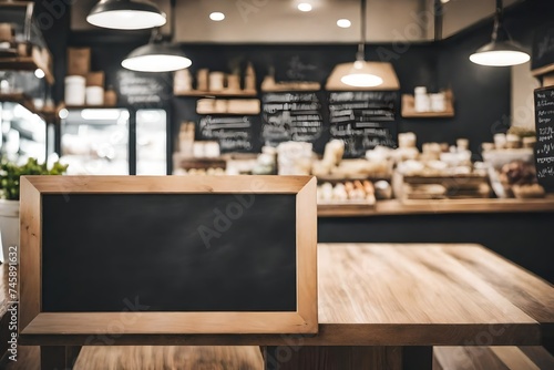 blank blackboard menu on wooden counter inside a coffee shop or organice grocery store