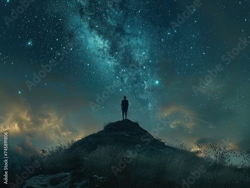 Under cloak of night, a lone figure stands atop a rugged peak, surrounded by the mystical beauty of the cosmos. With the vast expanse of the starry sky