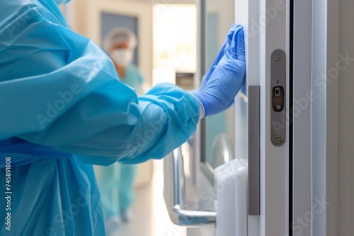  nurses hand disinfecting a hospital room door handle 