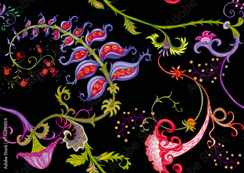 Fantasy, alien hypnotic flowers, decorative flowers and leaves. Cartoon style. Millefleurs trendy floral design. Seamless pattern, background. Outline hand drawing vector illustration.