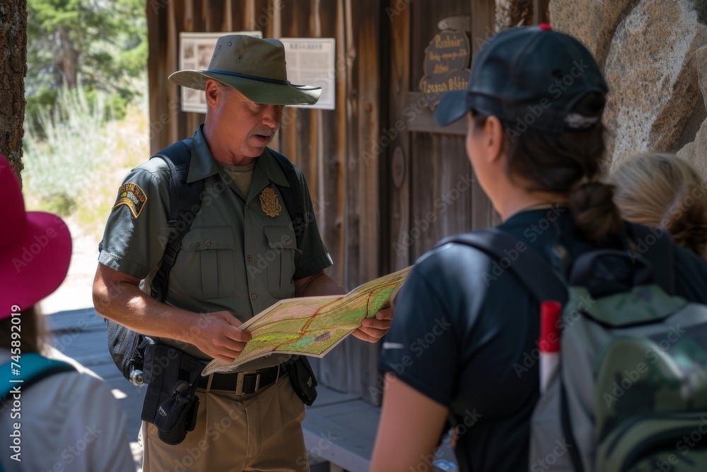 Park ranger assists visitors with a map at a nature trail in a national park on a sunny afternoon Park ranger assists visitors with a map at a nature trail in a national park on a sunny afternoon
