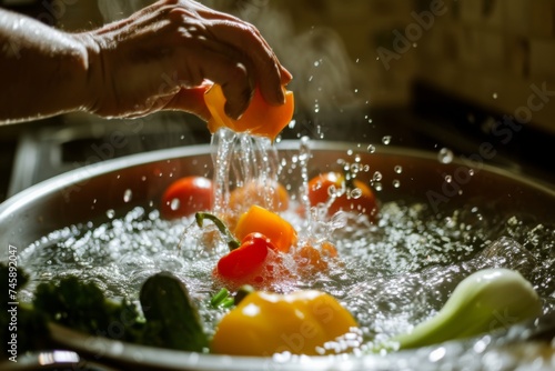  person dropping vegetables into boiling water for blanching 