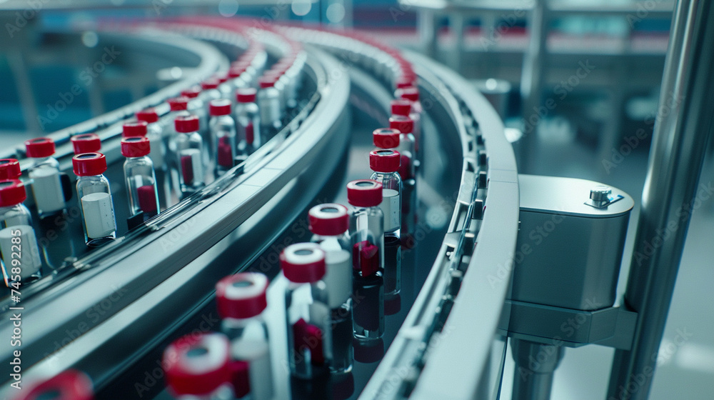 Obraz premium With seamless efficiency, a conveyor belt transports medical test tubes filled with specimens and vials of drugs in close-up, showcasing the relentless dedication of scientists and