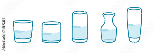 Outline and fill glass of water for drink flat icon set vector illustration