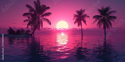 3d tropical sunset with island and palm trees. Ocean and neon sun in synthwave and new retrowave aesthetics 80s 90s © Amonthep